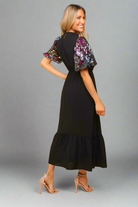 Haptics Black Floral Sequin Puff Sleeve Mock Neck Tiered Maxi Dress Haptics