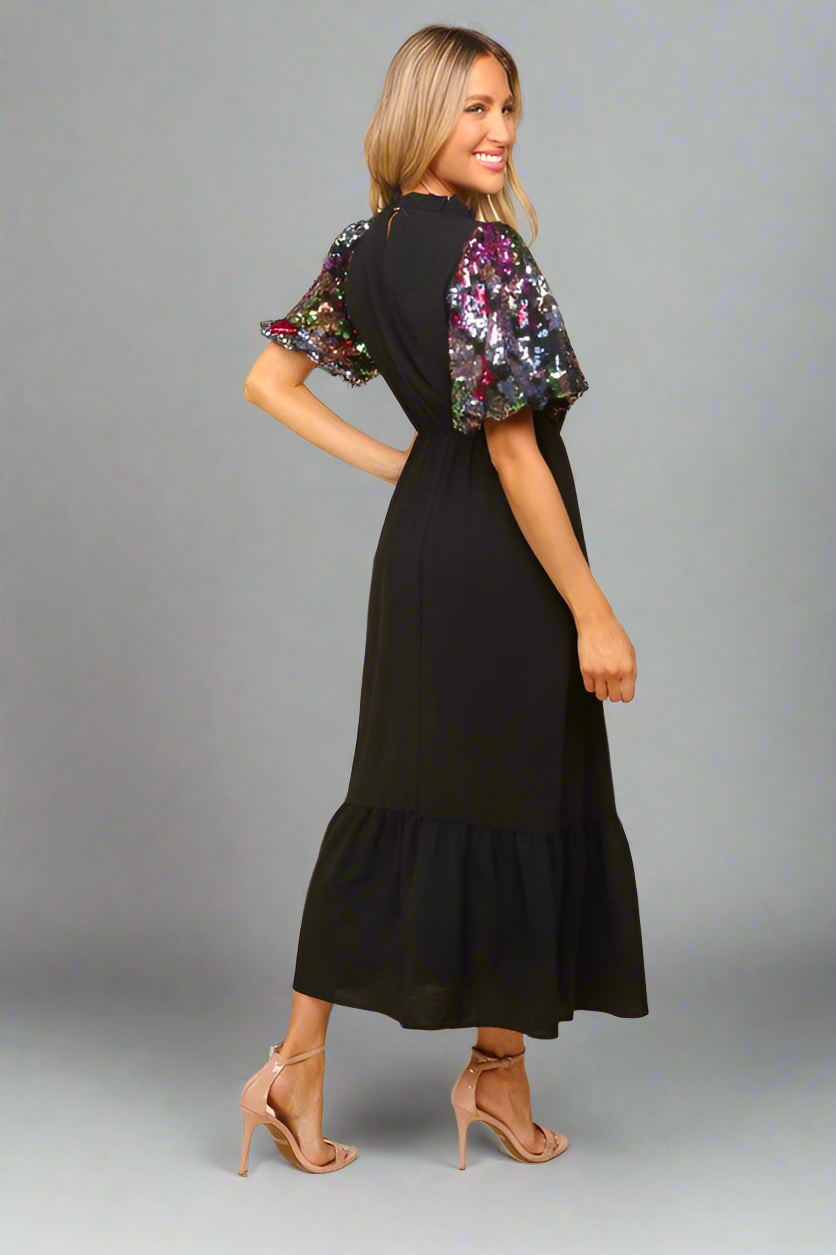 Haptics Black Floral Sequin Puff Sleeve Mock Neck Tiered Maxi Dress Haptics