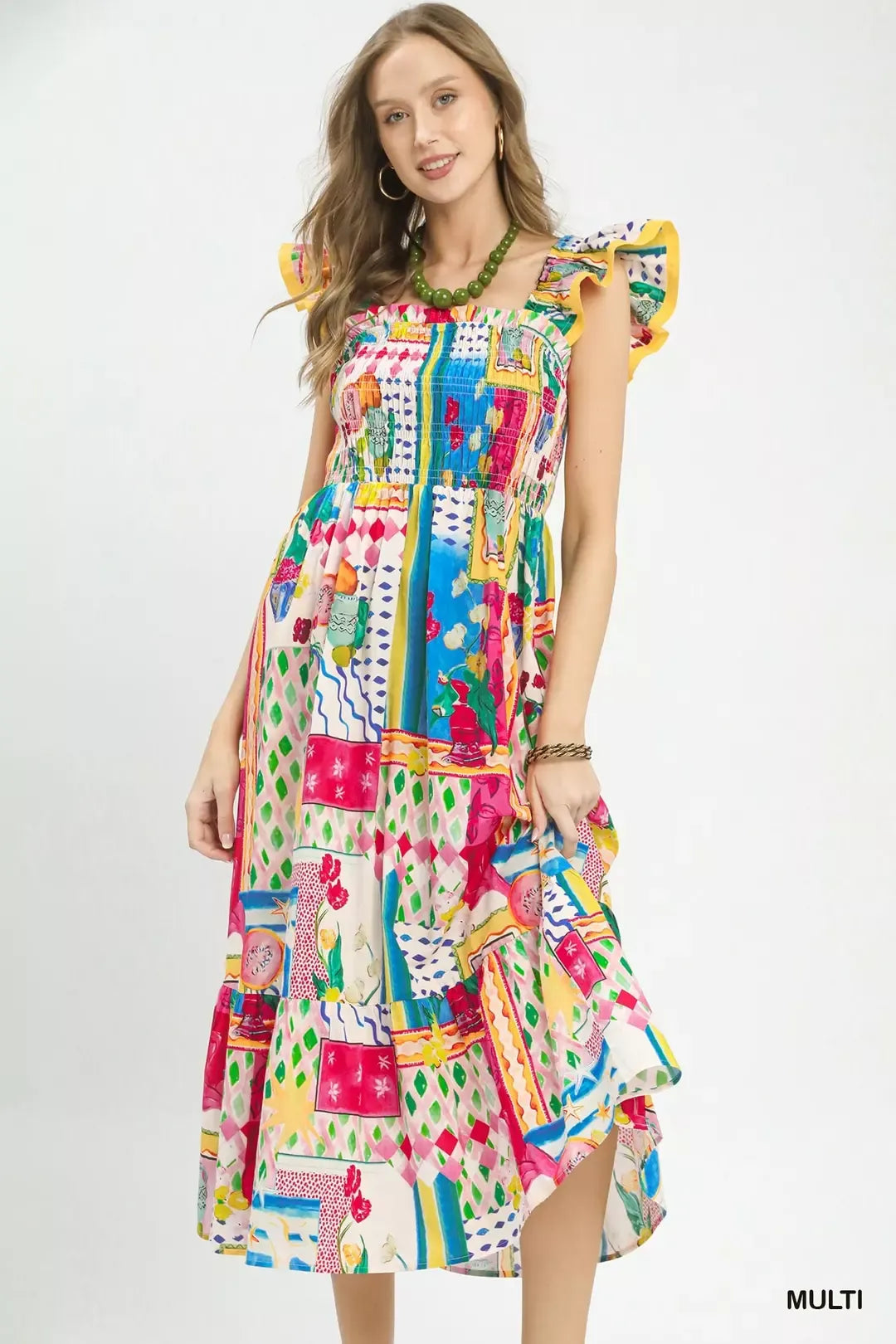 Umgee Abstract Print Smocked Ruffle Sleeve Tiered Midi Dress MULTI