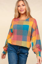 Haptics Round Neck Color Block Plaid Top Multi