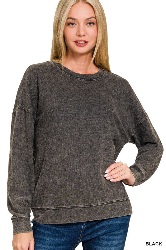 Zenana Khaki Washed Round Neck Drop Shoulder French Terry Sweatshirt Shirts & Tops