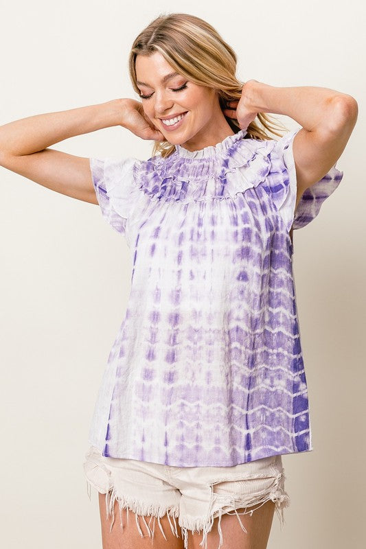 BiBi Tiered Ruffle Neck Tie Dye Top
