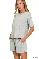 Zenana Light Gray Halo Snow Washed Short Sleeve Tee and Shorts Set