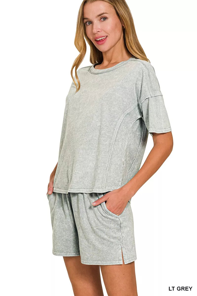 Zenana Light Gray Halo Snow Washed Short Sleeve Tee and Shorts Set