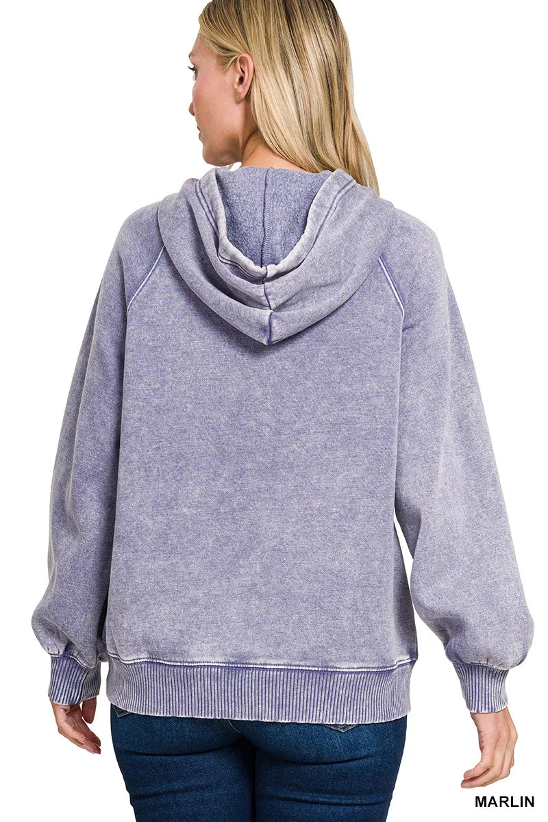 Zenana Marlin Acid Wash Fleece Hoodie with Kangaroo Pocket