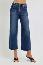RISEN Dark Washed High Rise Crop Wide Button Down Jeans
