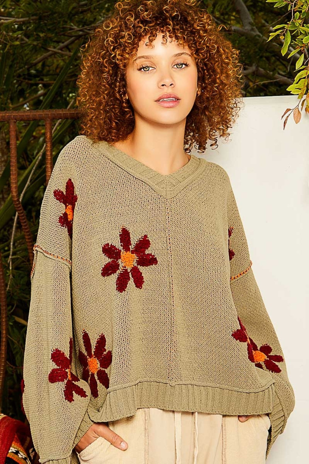 POL Olive V-Neck Floral Pattern Chenille Sweater Olive Trendsi