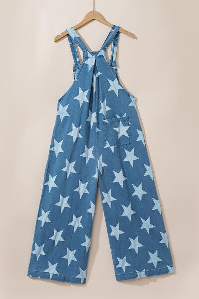 Preorder Star Print Buttoned Strap Wide Leg Denim Overalls