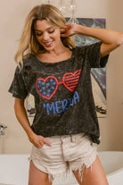 BiBi 4th Of July Theme Mineral Washed Laser Cut Top BLACK CHARCOAL