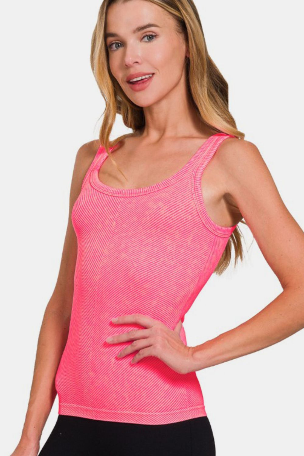 Zenana Neon Coral Fuchsia Stone Washed Ribbed Scoop Neck Tank Top N Coral Fuchsia