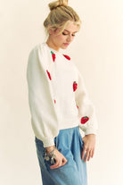 Davi & Dani Crochet Strawberry Round Neck Sweater in Cream Shirts & Tops