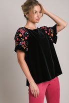 Umgee Black Velvet Embroidery Short Sleeve Blouse Black Shirts & Tops