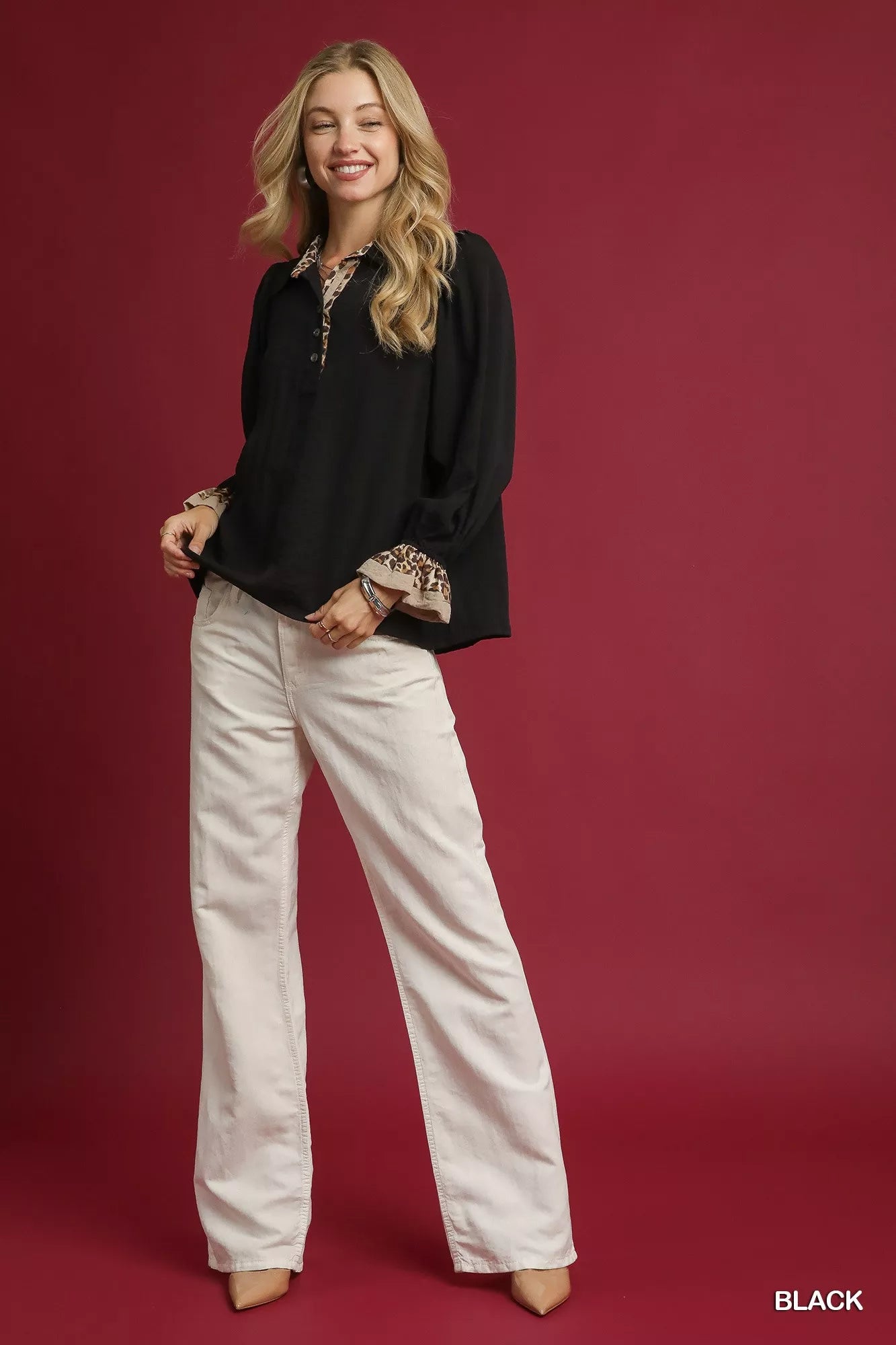 Umgee Black Half Button Blouse with Leopard Print Trim