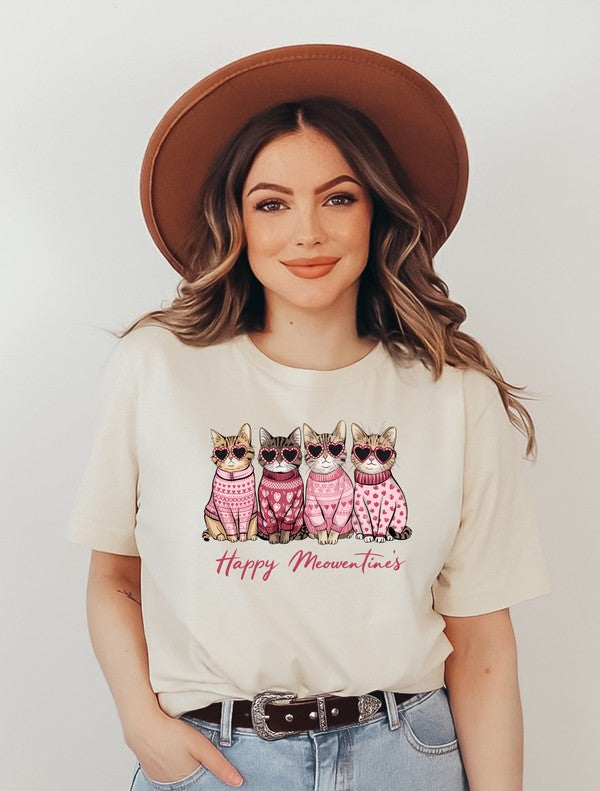 Ocean and 7th Happy Meowentines Short Sleeve Graphic Tee Cream