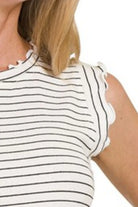 Zenana White & Black Ribbed Ruffle Trim Sleeveless Stripe Top