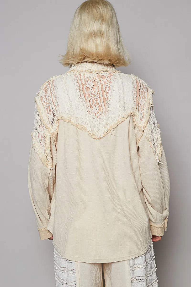 POL Cream Lace Patchwork Button Up Shacket