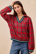 BiBi Christmas Red Plaid Collared Top with Ruffled Detail