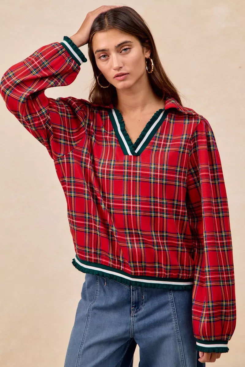 BiBi Christmas Red Plaid Collared Top with Ruffled Detail