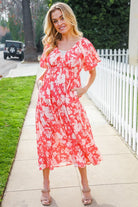 Haptics Coral Elastic V Neck Tiered Big Floral Maxi Dress