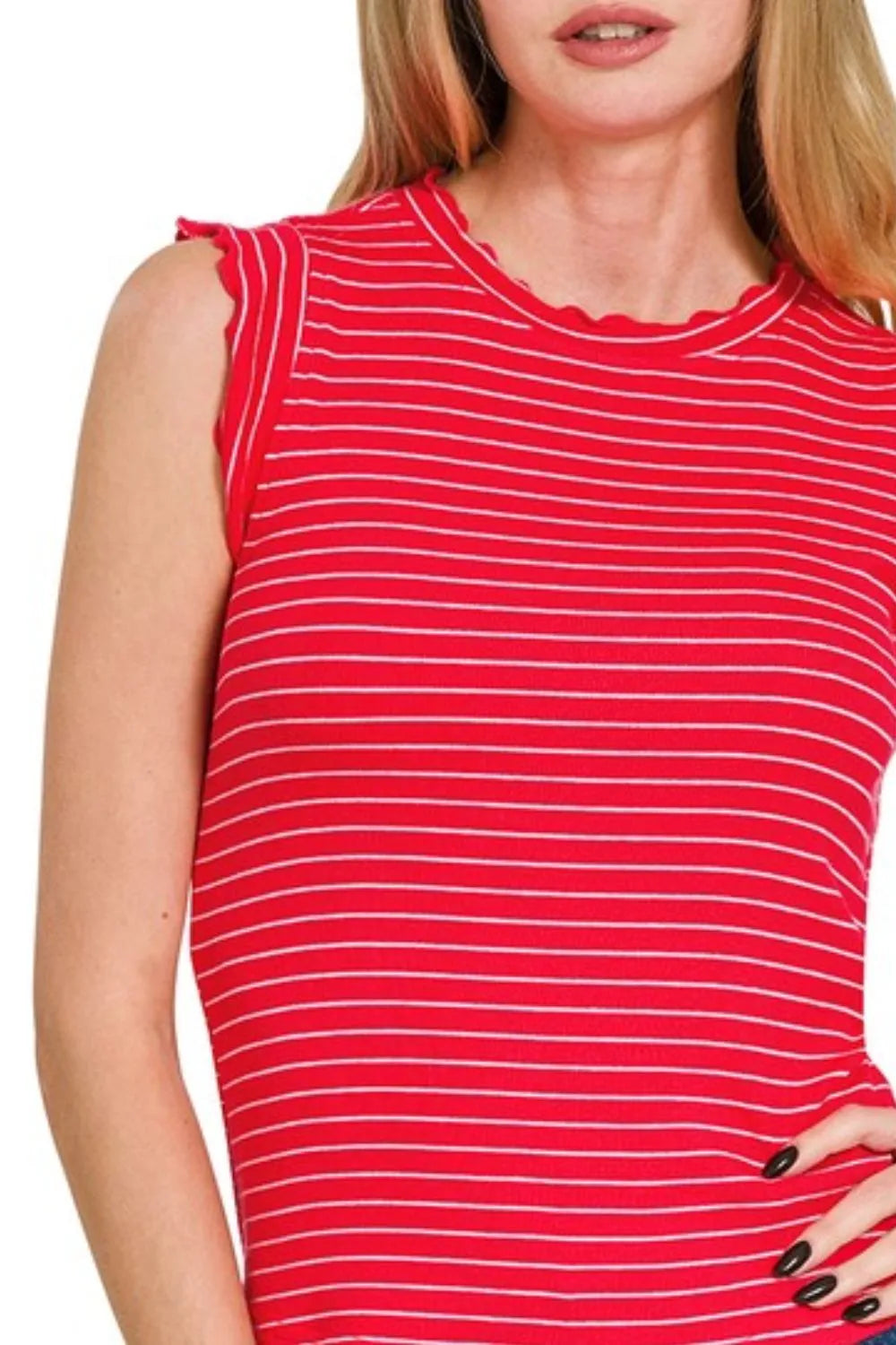 Zenana Red & White Ribbed Ruffle Trim Sleeveless Stripe Top