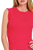 Zenana Red & White Ribbed Ruffle Trim Sleeveless Stripe Top
