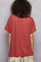 POL Terra-cotta Ribbed Knit V-Neck Short Sleeve T-Shirt with Side Slit