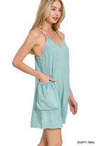 Zenana Light Teal Acid Crinkle Washed Spaghetti Strap Romper
