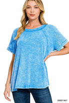 Zenana Deep Sky Washed Ribbed Cuffed Short Sleeve Round Neck Top DEEP SKY