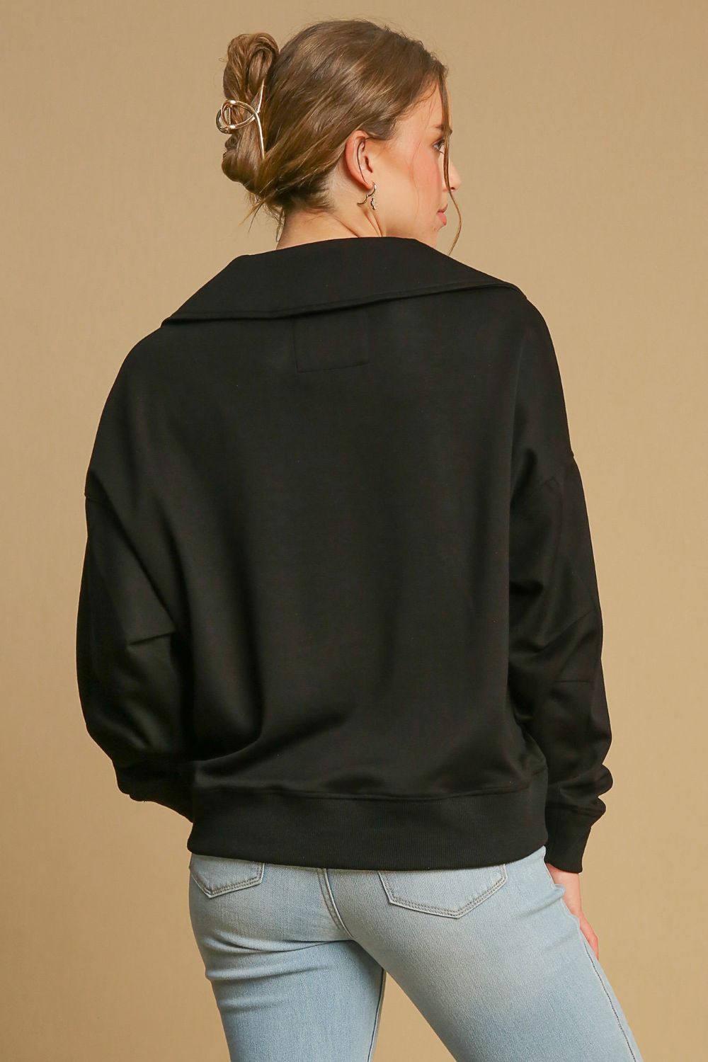 Umgee Johnny Collar Dropped Shoulder Sweatshirt in Black Shirts & Tops