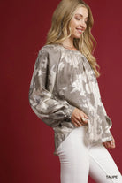 Umgee Taupe Metallic Fabric Blouse with Balloon Sleeves