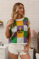 BiBi Sequin Embroidery Mardi Gras Checker Sweater Top