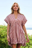 Davi & Dani Embroidery V Neck Short Sleeve Ruffled French Mauve Mini Dress