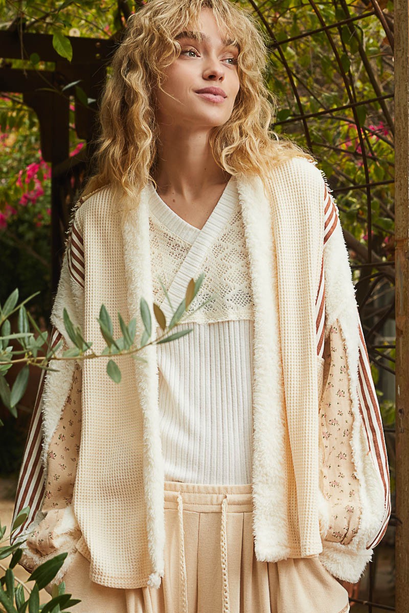 POL Open Front Waffle Knit Fleece Mix Cardigan in Cream Cream Trendsi