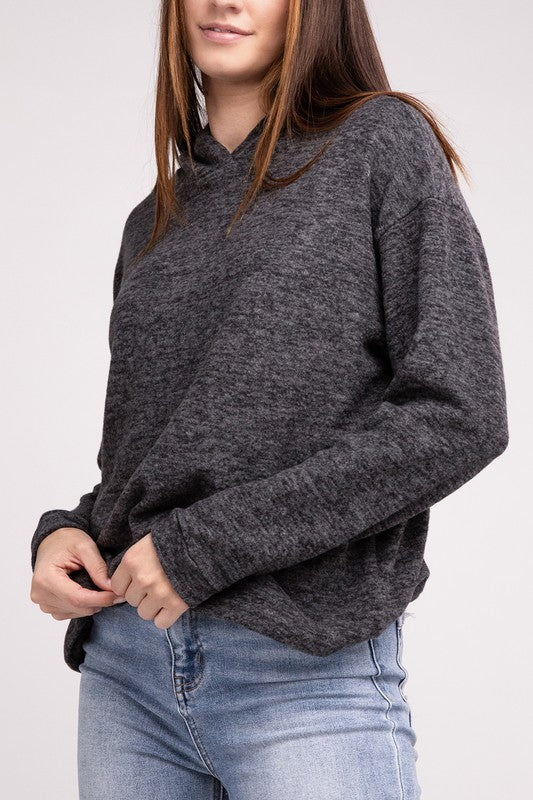 Zenana Hooded Brushed Melange Hacci Sweater BLACK ZENANA