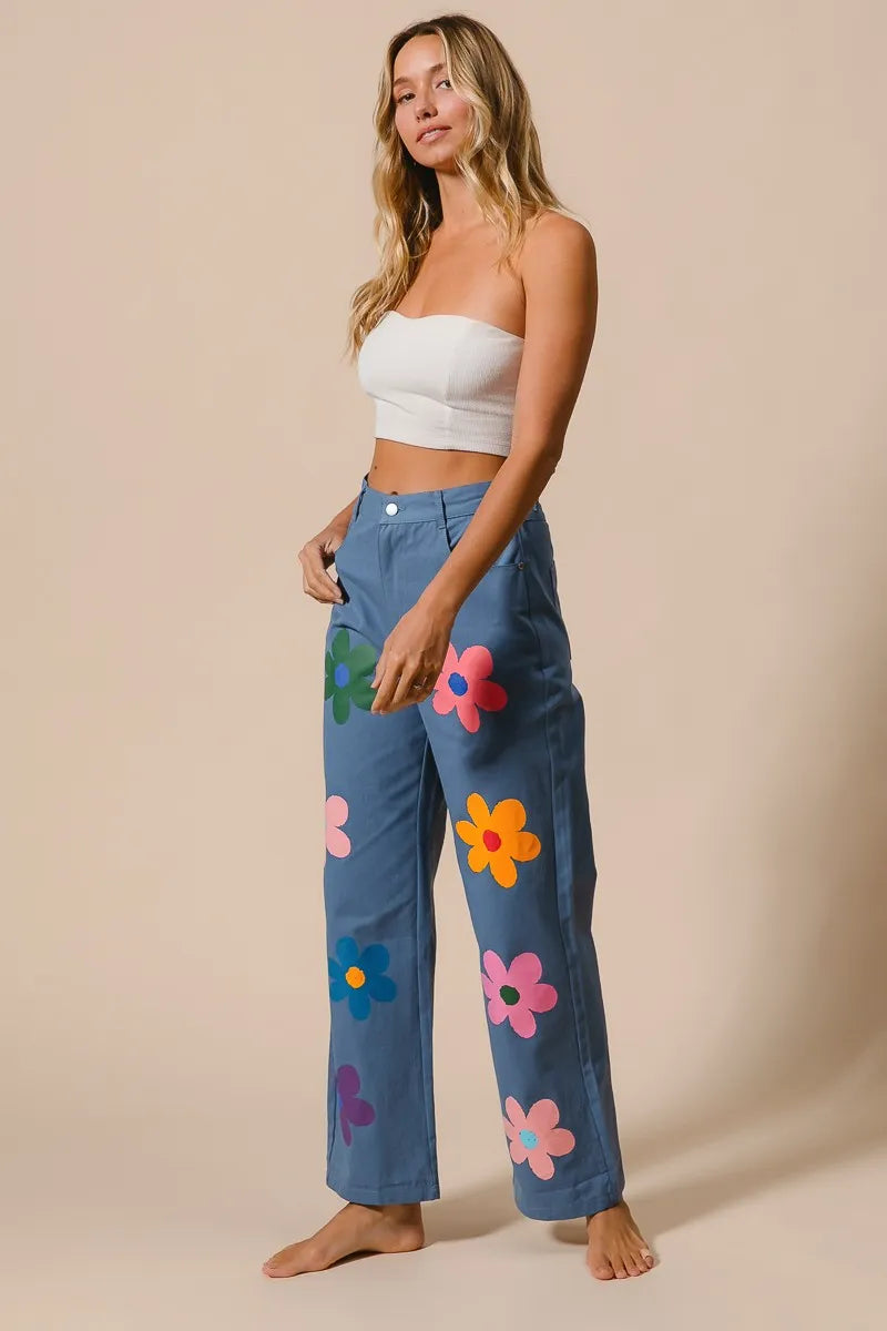 BiBi Flower Print Straight Legs Denim Pants
