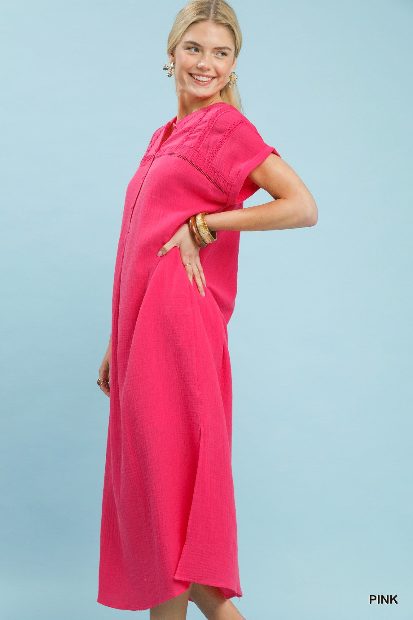 Umgee Pink Button-Front Gauze Midi Dress with Lace Detail