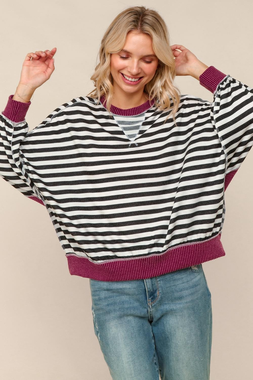 Haptics Black & White Crew Neck Loose Fit Knit Pullover
