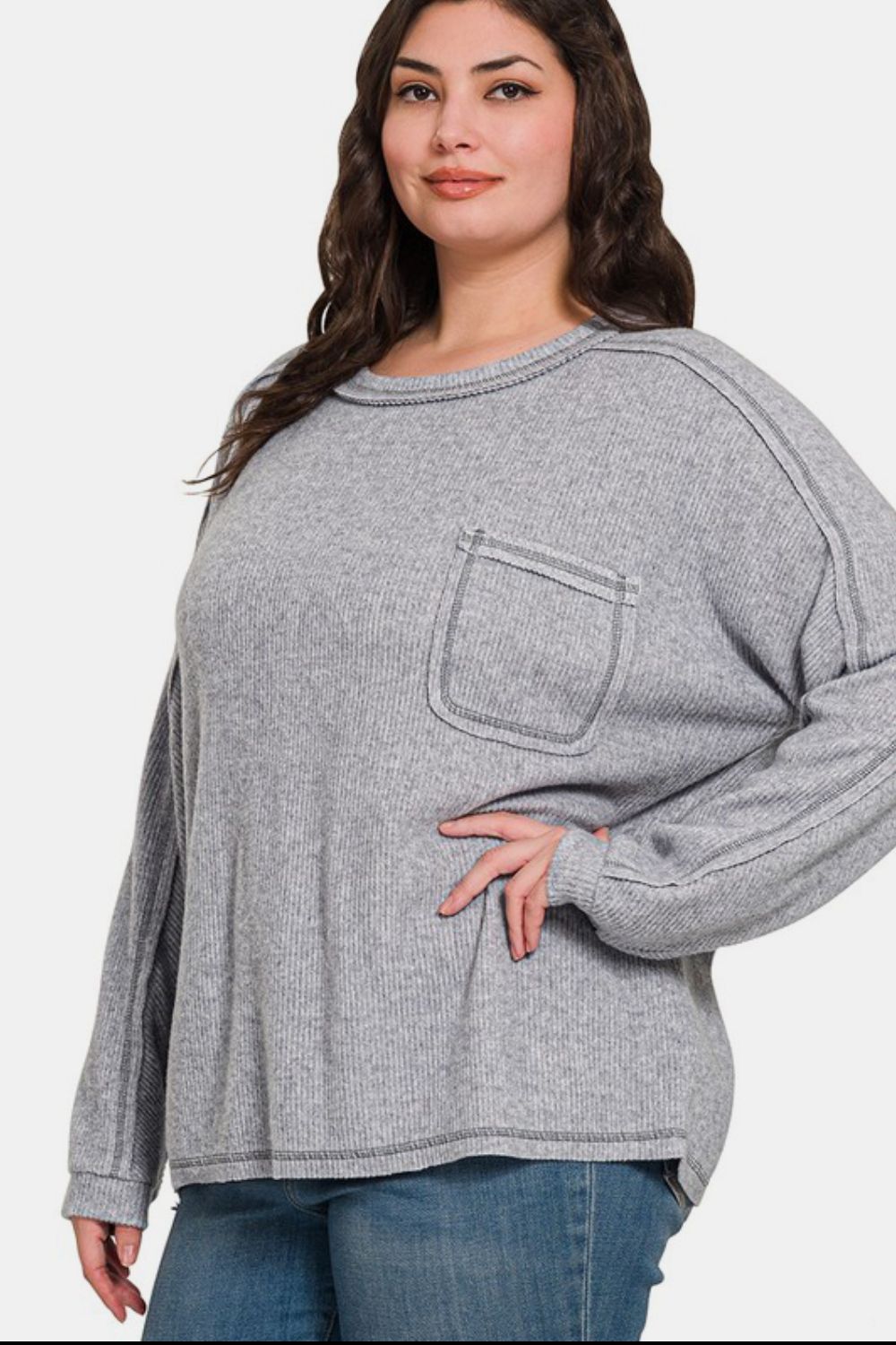 Zenana Gray Contrast Stitching Brushed Ribbed Hacci Knit Top Shirts & Tops