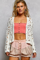 POL Button Down V-Neck Long Sleeve Cropped Crochet Cardigan