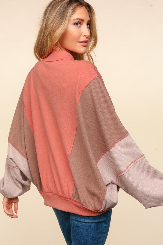 Haptics Camel Dolman Sleeve Colorblock Knit Bomber Jacket Haptics