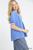 Umgee Peri Blue French Terry Ruffle Trim Puff Sleeve Top