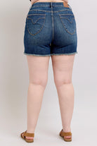 Judy Blue Dark Washed Tummy Control Fray Hem & Shield Back Pockets Denim Shorts