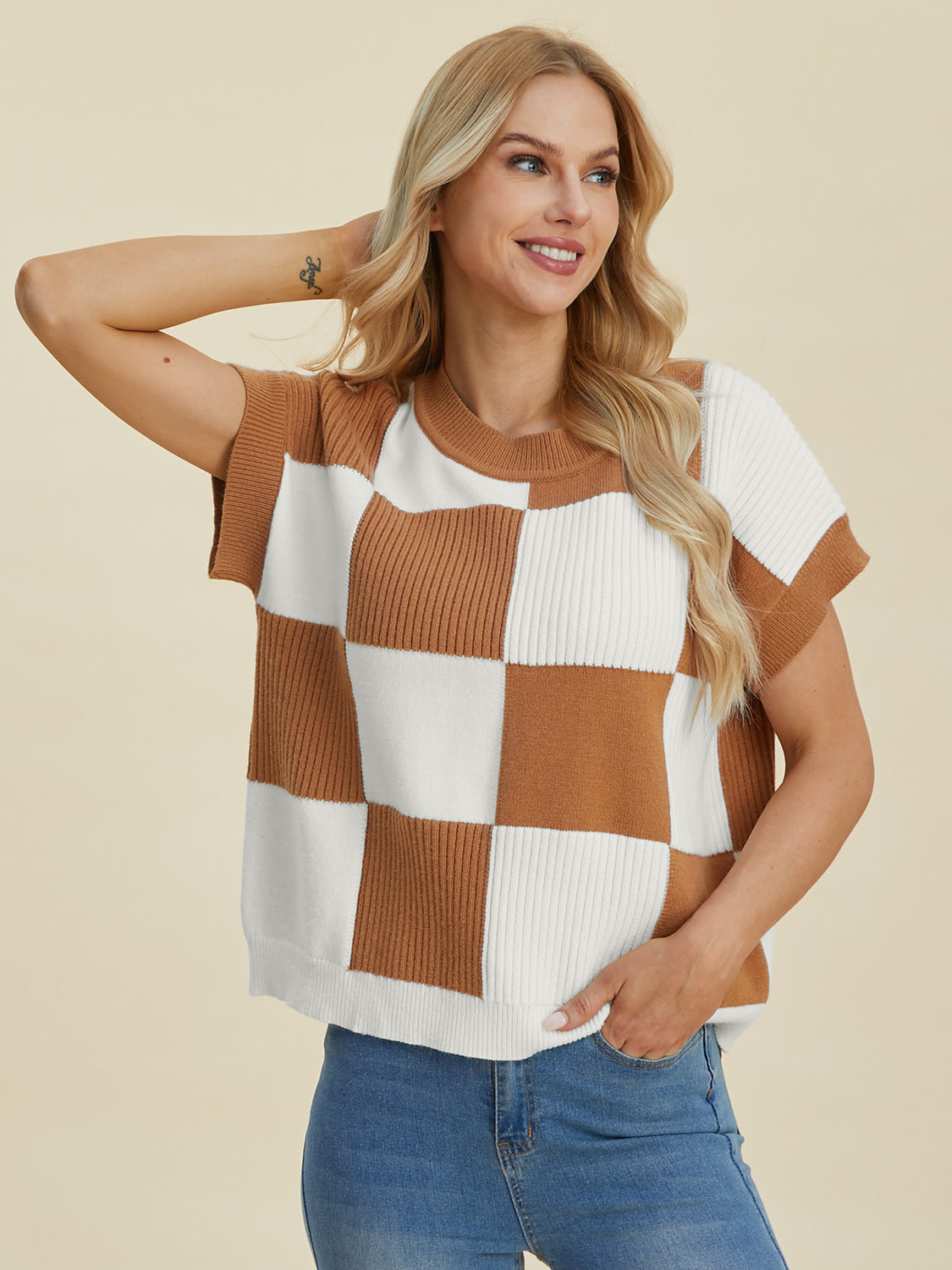 Double Take Checkered Round Neck Short Sleeve Sweater Trendsi