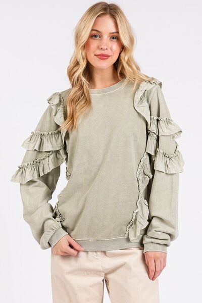 Mittoshop Sage Ruffled Mineral Washed Round Neck Long Sleeve Sweatshirt Sage