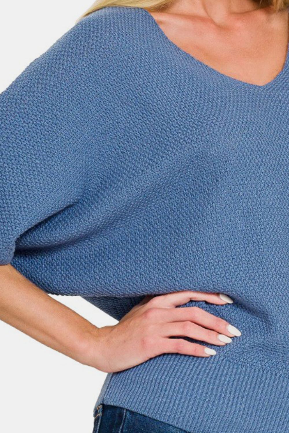 Zenana Dusty Blue V-Neck Short Sleeve Dolman Sweater Trendsi