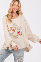 SAGE + FIG Oatmeal Flower Patch Dropped Shoulder Oversize Top Shirts & Tops