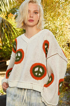 POL Cream V Neck Long Sleeve Peace Pattern Sweater Trendsi