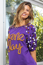 BiBi Purple & Gold Game Day Metallic Letter Spangle Sleeve Top