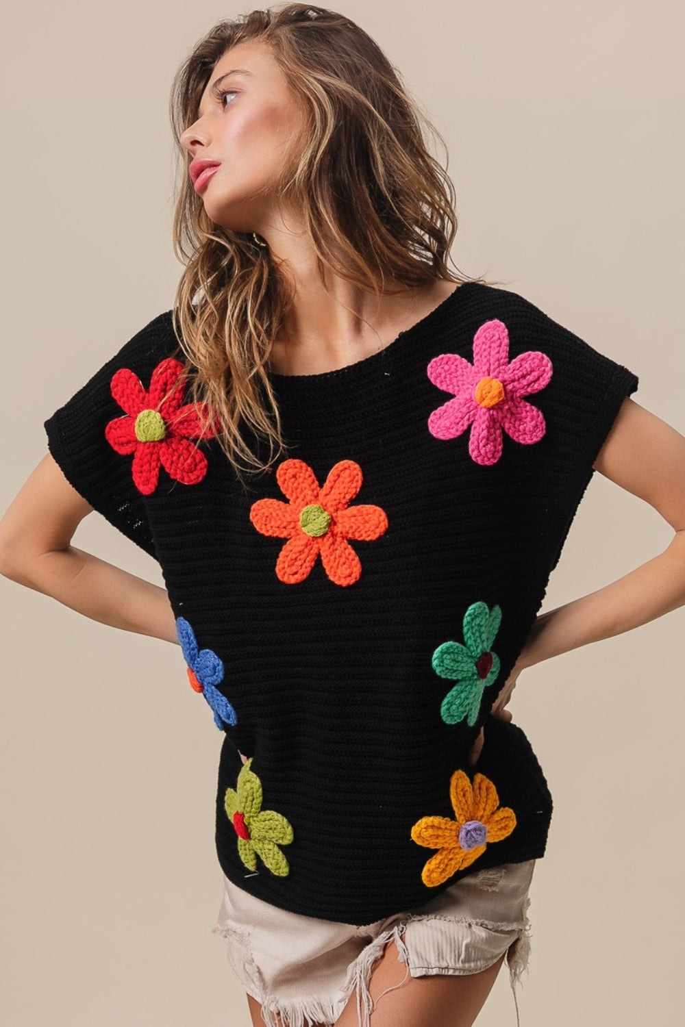 BiBi Black Flower Round Neck Cap Sleeve Knit Top Trendsi