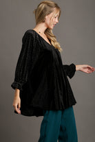 Umgee Black Godet Hem Polka Dot V-Neck Blouse Shirts & Tops